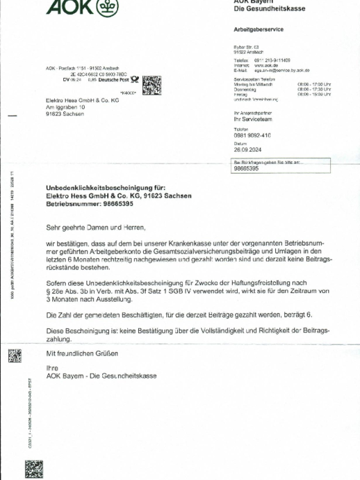 Unbedenklichkeits- bescheinigung AOK bei Elektro Hess GmbH & Co. KG in Sachsen bei Ansbach