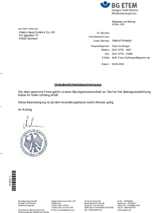 Unbedenklichkeits- bescheinigung BG bei Elektro Hess GmbH & Co. KG in Sachsen bei Ansbach