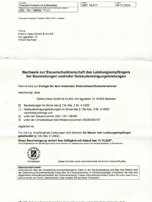 Steuerschuldnerschaft Leistungsempfänger bei Elektro Hess GmbH & Co. KG in Sachsen bei Ansbach