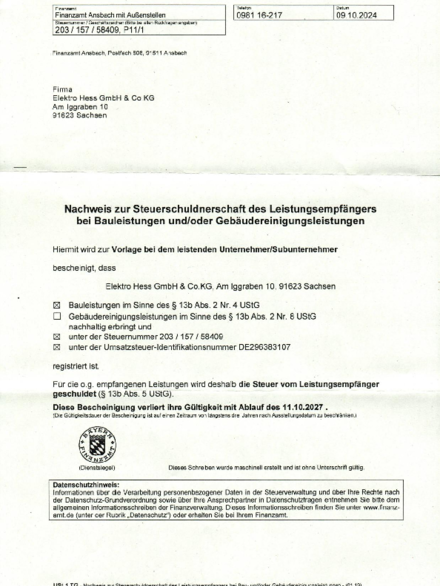 Steuerschuldnerschaft Leistungsempfänger bei Elektro Hess GmbH & Co. KG in Sachsen bei Ansbach